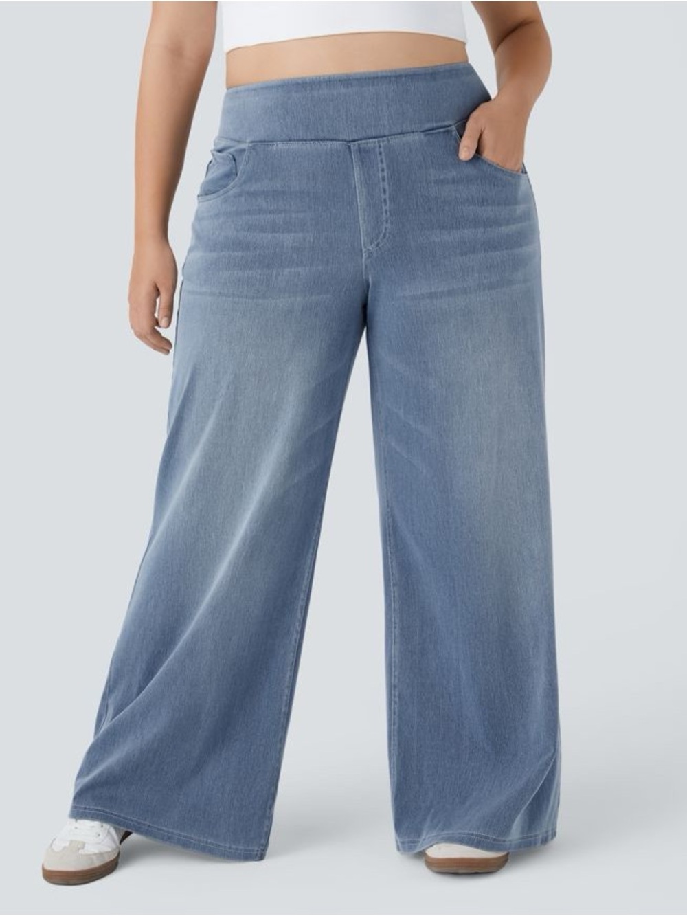 HALARA Light Blue Wide-Leg Pull-On Jeans#36